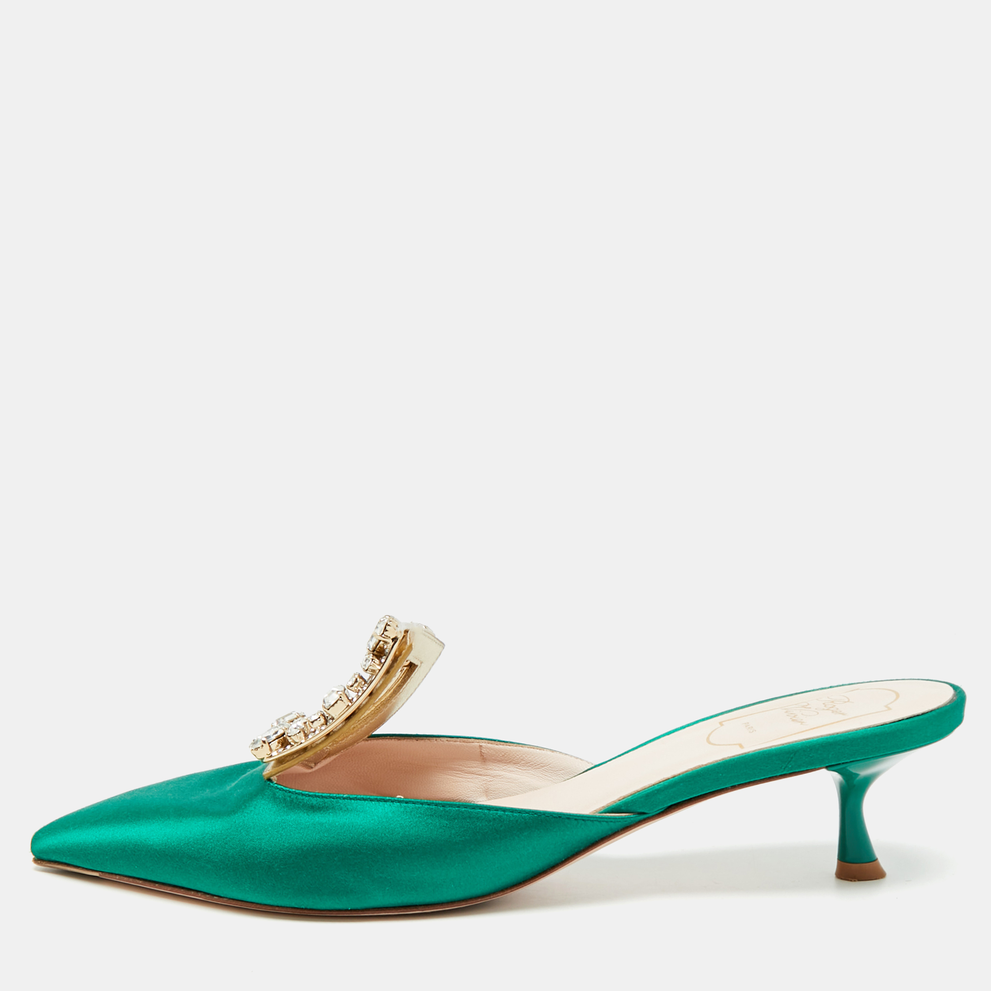 

Roger Vivier RV Broche Size  Green Satin Crystal Embellished Mules