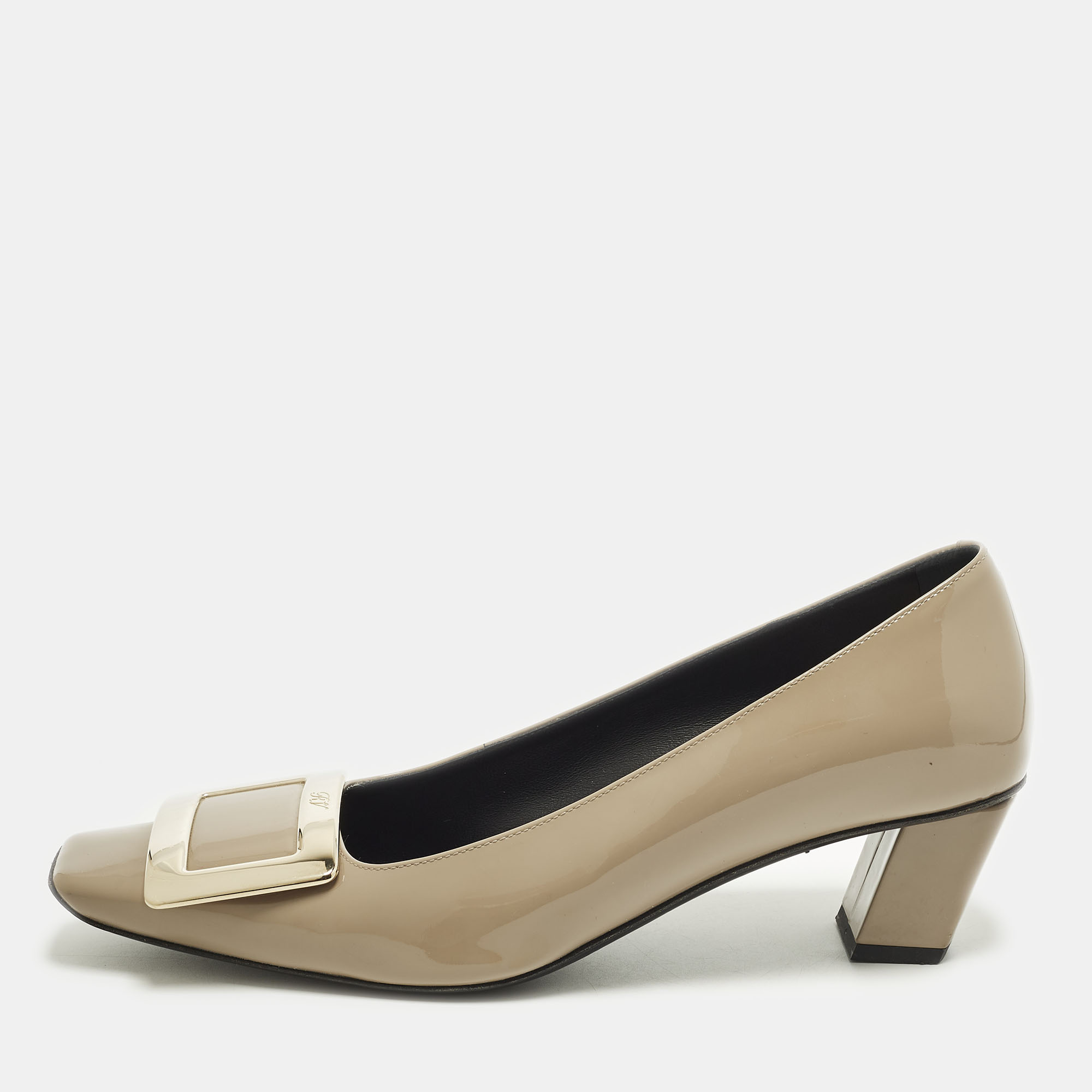 

Roger Vivier Belle Vivier Size  Beige Patent Leather Block Heel Pumps