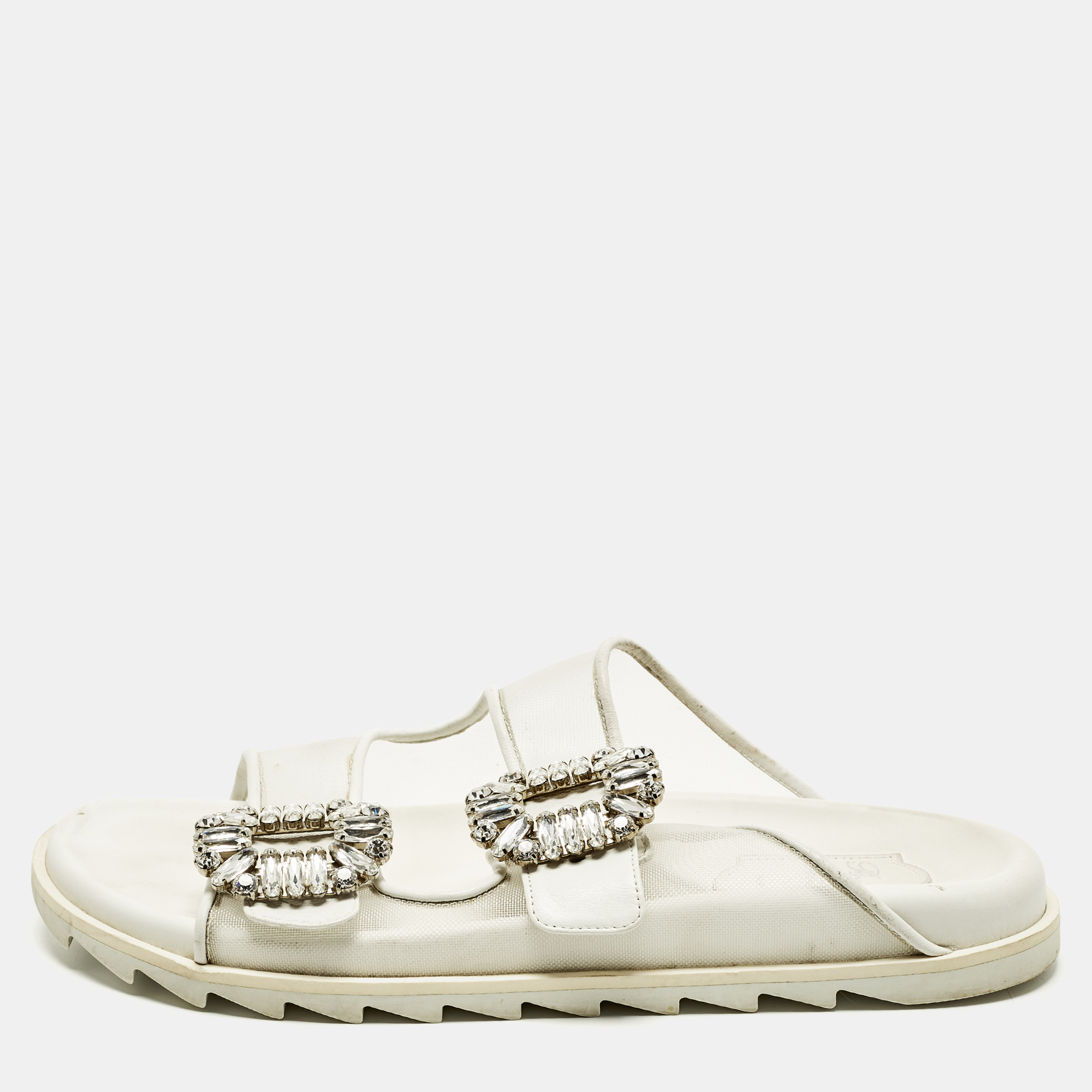 

Roger Vivier Slidy Viv Size  White Leather and Mesh Flat Slide