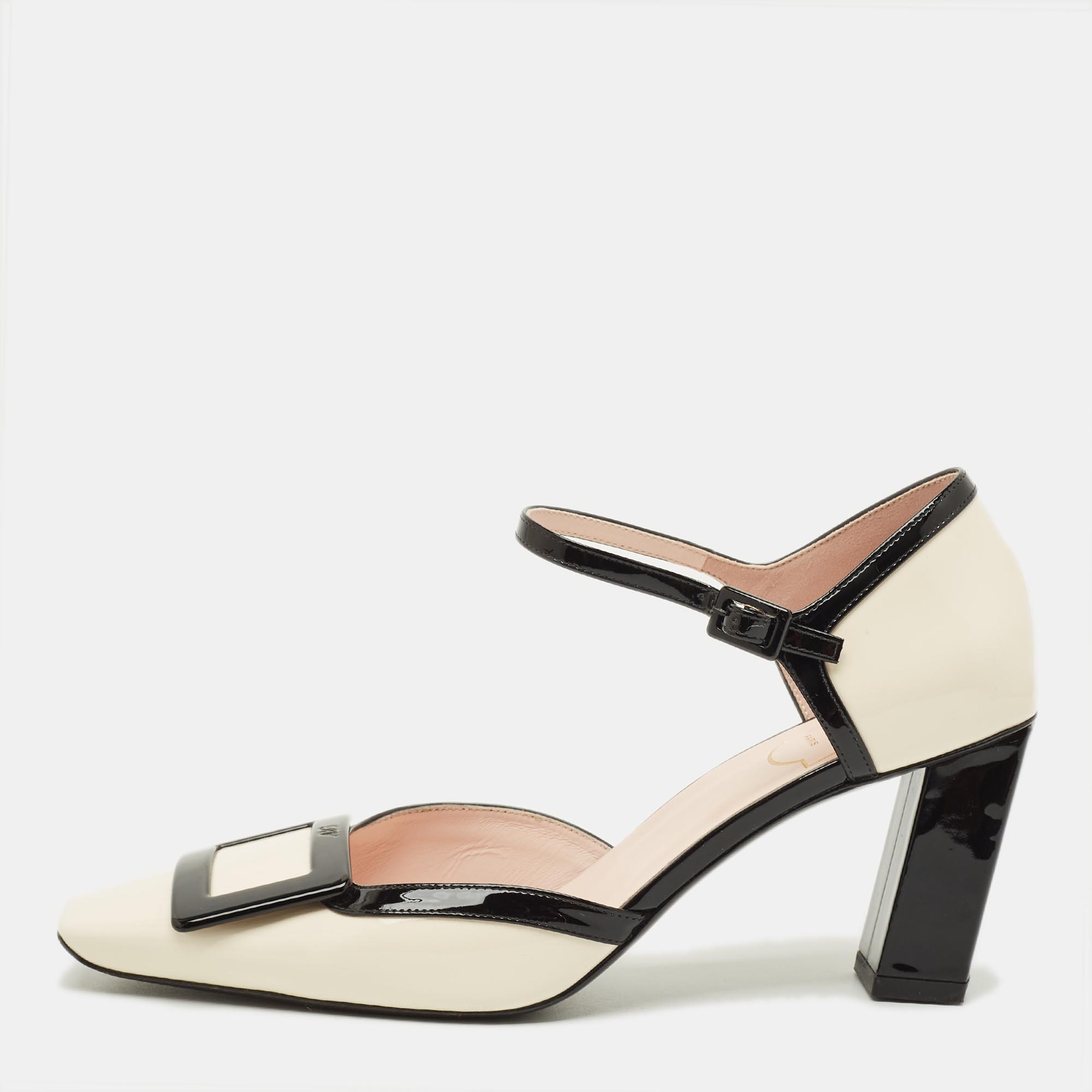 

Roger Vivier Belle Vivier Size  White/Black Patent Leather Ankle Strap Pumps