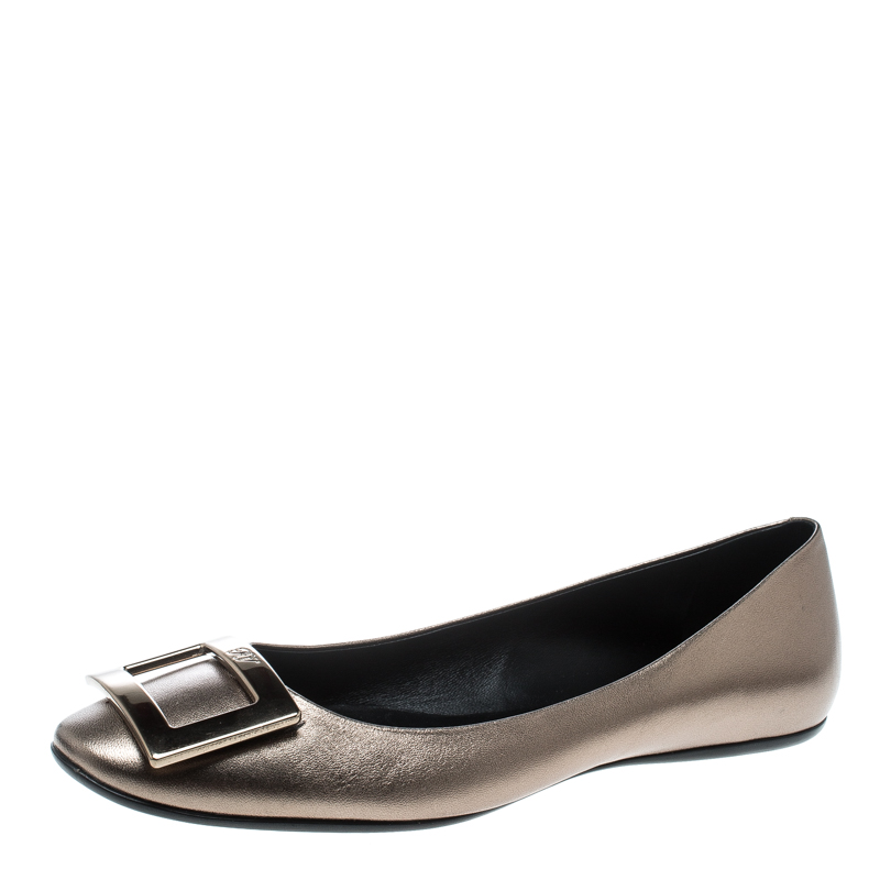 Pre Owned Roger Vivier Metallic Bronze Leather Gommette Ballet Flats Size 40