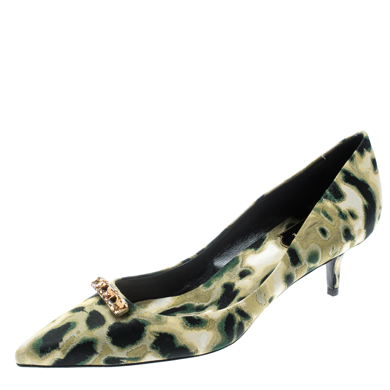 Roger Vivier Multicolor Animal Print Brocade Fabric Crystal Embellished Pointed Toe Pumps Size 37