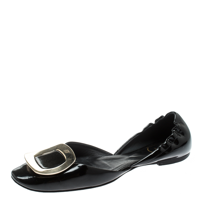 Roger Vivier Black Patent Leather Chips D'orsay Buckle Flats Size 37