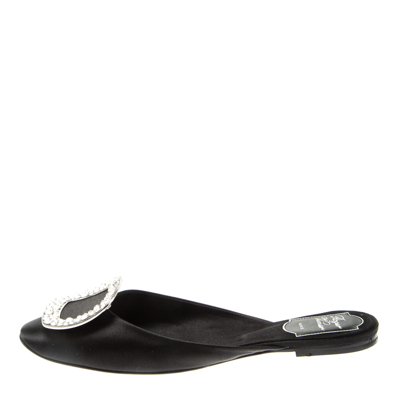 

Roger Vivier Black Satin Crystal Embellished Flat Slide Mules Size