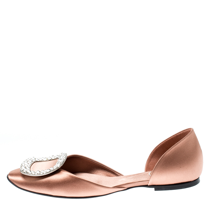

Roger Vivier Dusty Pink Satin Crystal Embellished D'orsay Ballet Flats Size