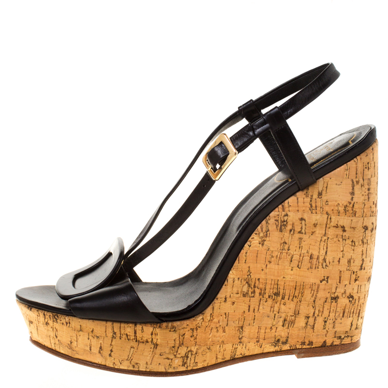 

Roger Vivier Black Leather Cork Wedge Platform Sandals Size