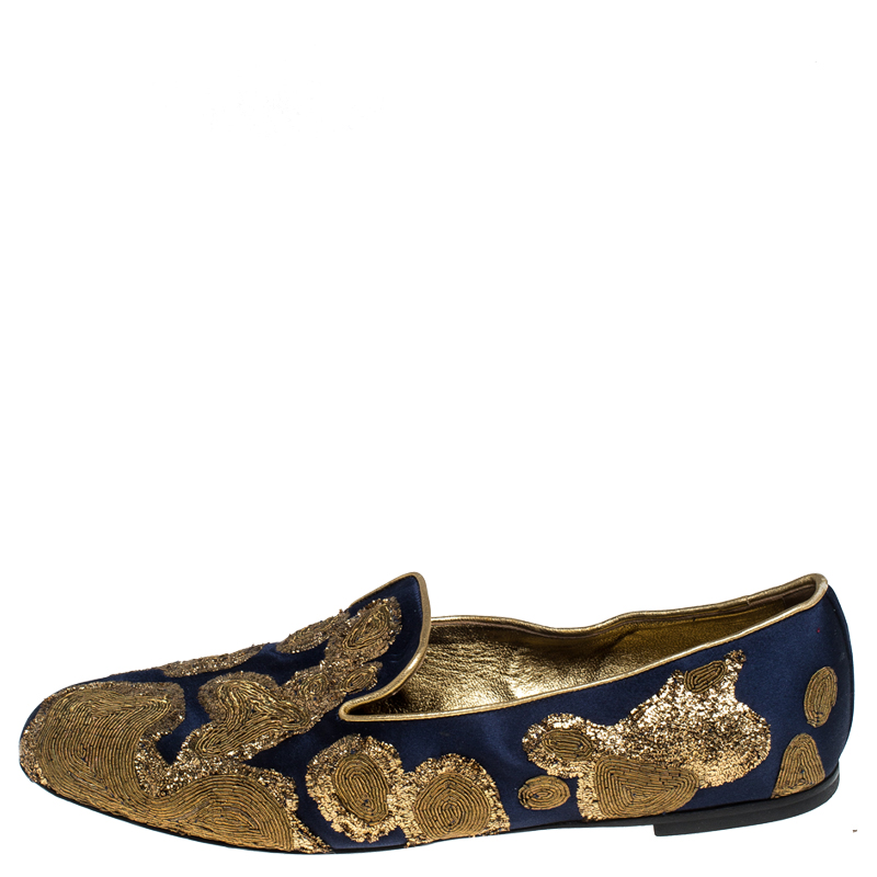 

Roger Vivier Blue Satin Gold Coil Embellished Smoking Slipper Loafers Size, Navy blue