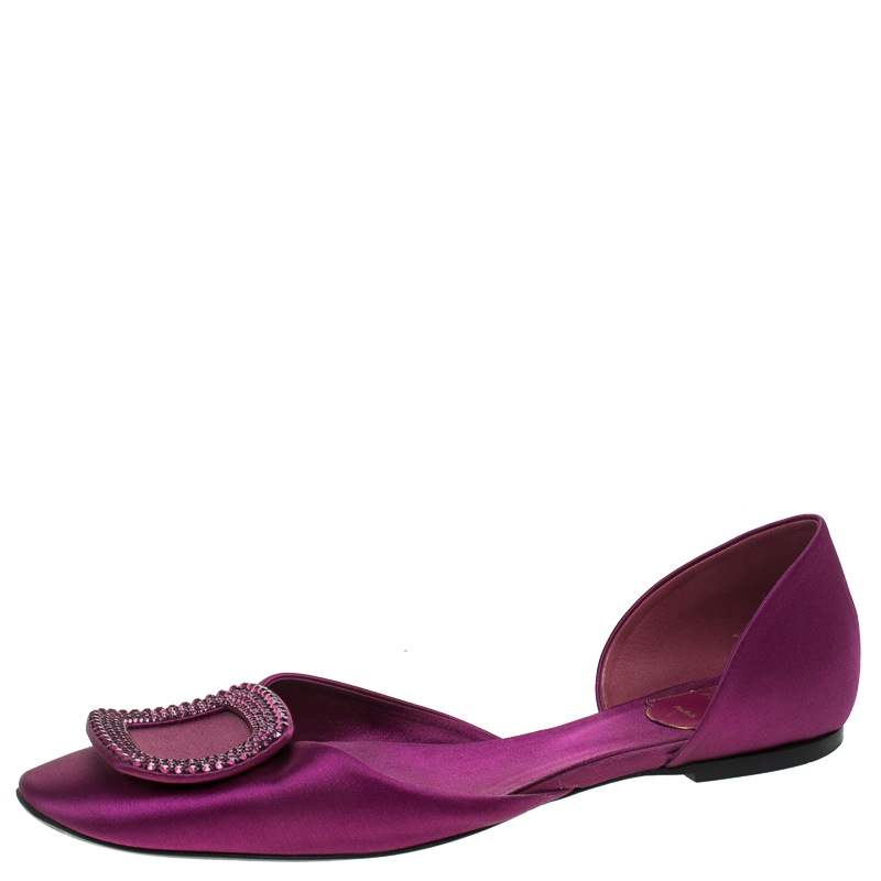 Pre Owned Roger Vivier Purple Satin Ballerine Chips Strass D'Orsay Flats Size 39