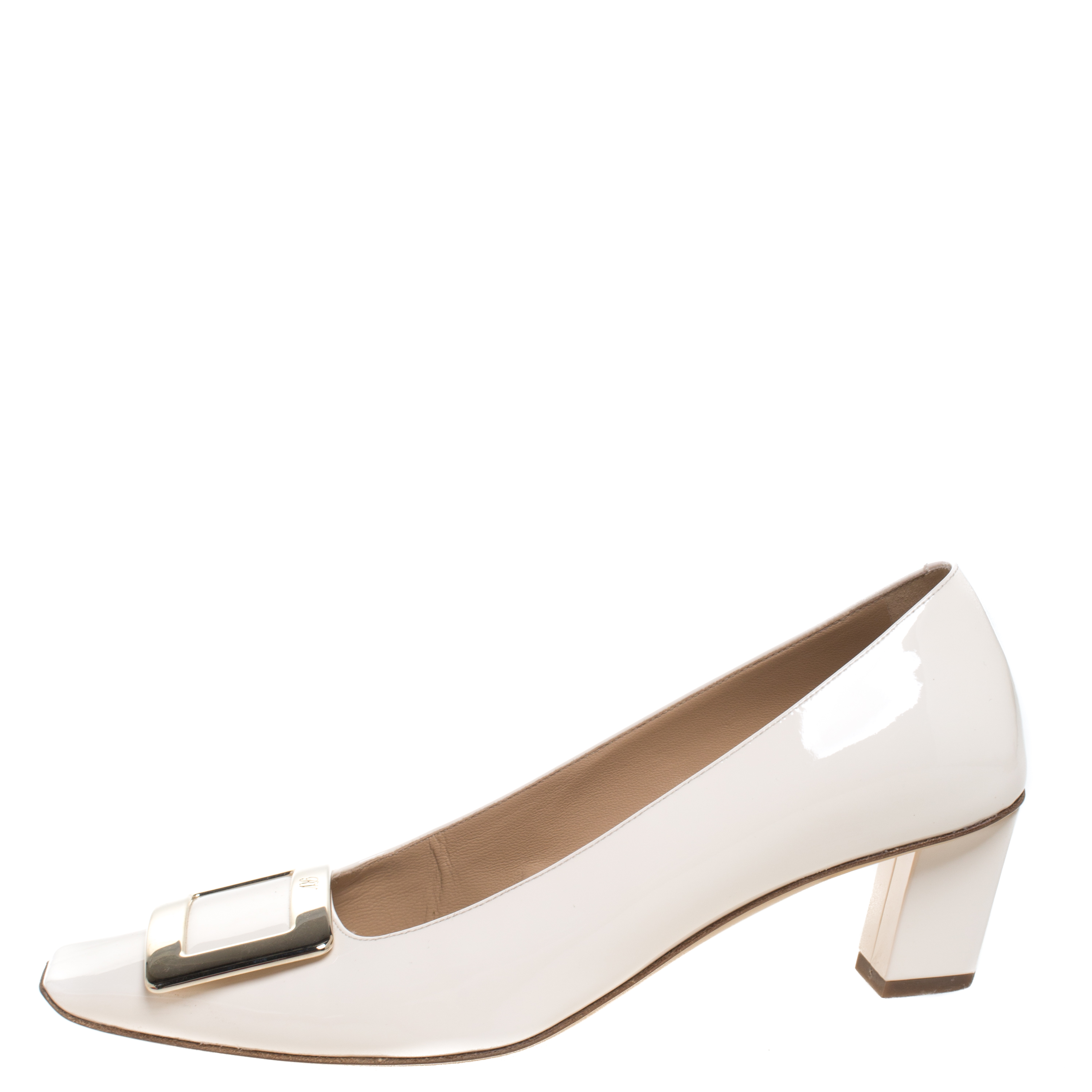 

Roger Vivier Off White Patent Leather Square Toe Belle Pumps Size