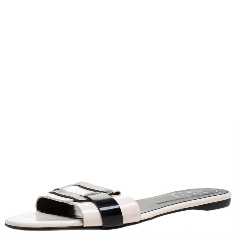 Roger Vivier Cream/Black Leather Pilgrim De Jour Flat Slides Size 39