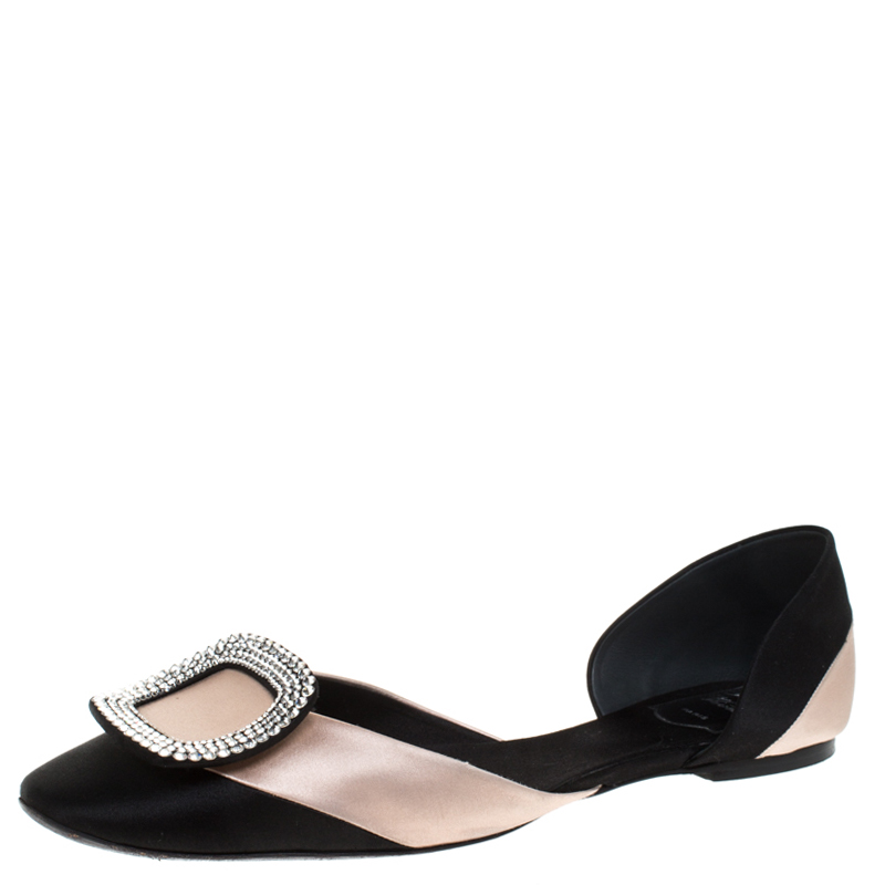 Pre Owned Roger Vivier Black Satin Crystal Embellished D'orsay Ballet Flats Size 41