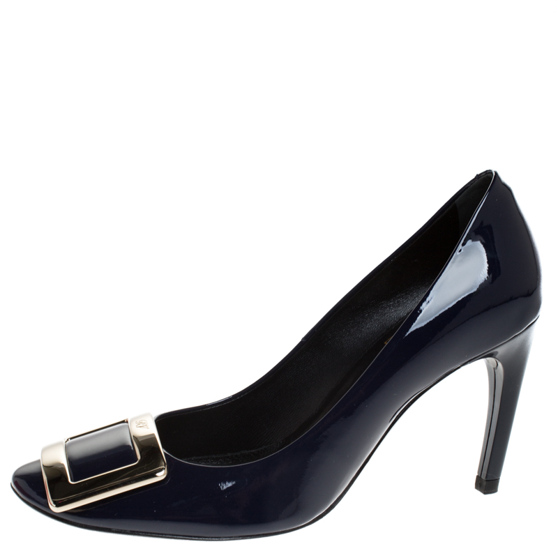 Pre Owned Roger Vivier Navy Blue Patent Leather Trompette Pumps Size 35.5