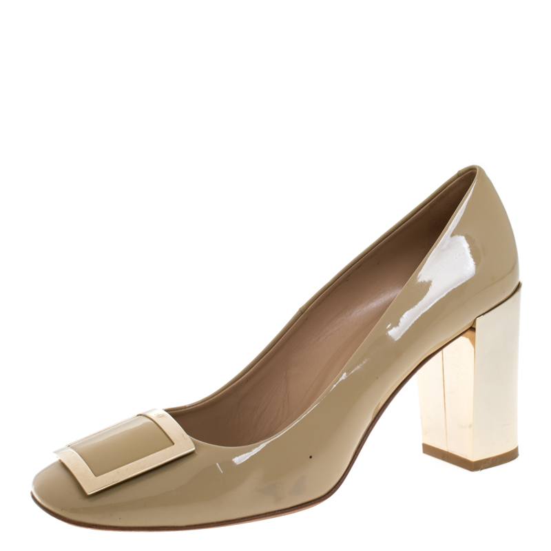 Pre Owned Roger Vivier Beige Patent Leather Buckle Pumps Size 41