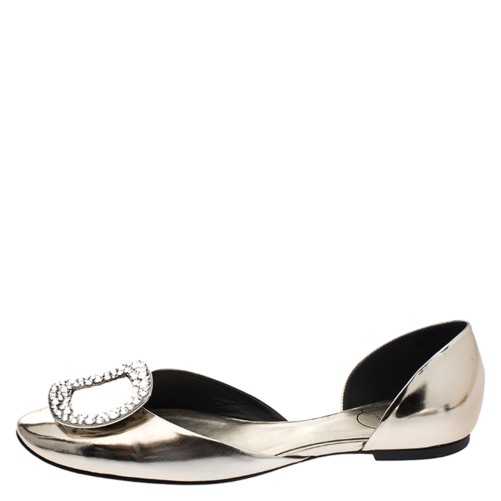 

Roger Vivier Metallic Gold Leather Crystal Embellished D'orsay Ballet Flats Size