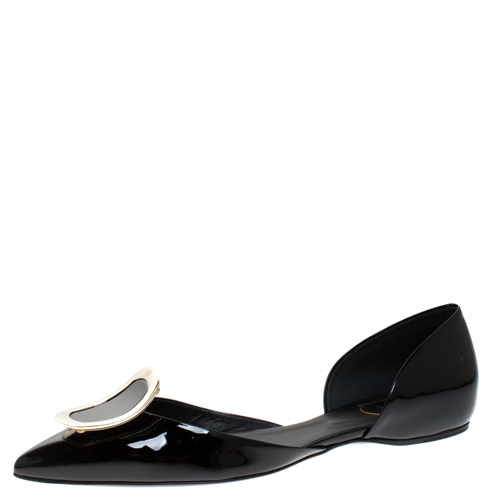 Pre Owned Roger Vivier Black Patent Leather Chips D'Orsay Buckle Flats Size 38
