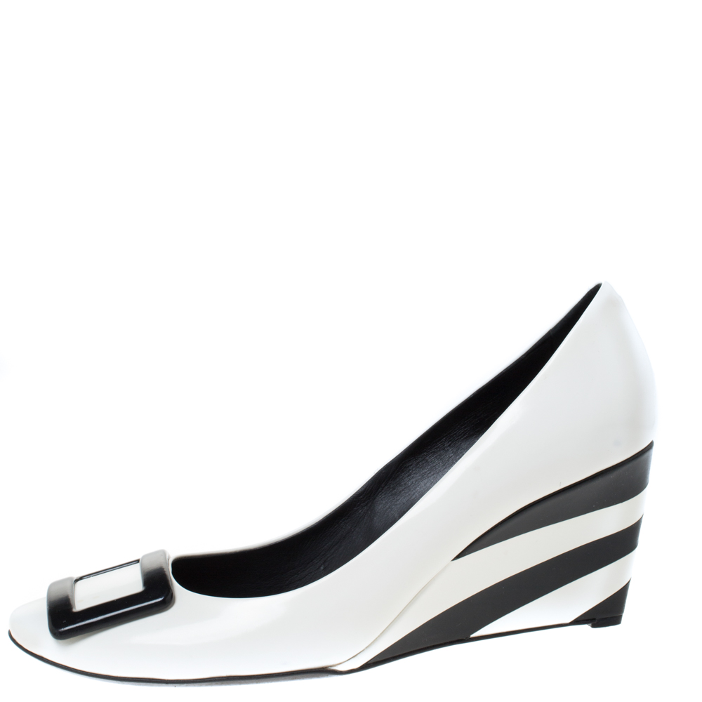 

Roger Vivier Black/White Patent Leather Stripe Wedge Pumps Size