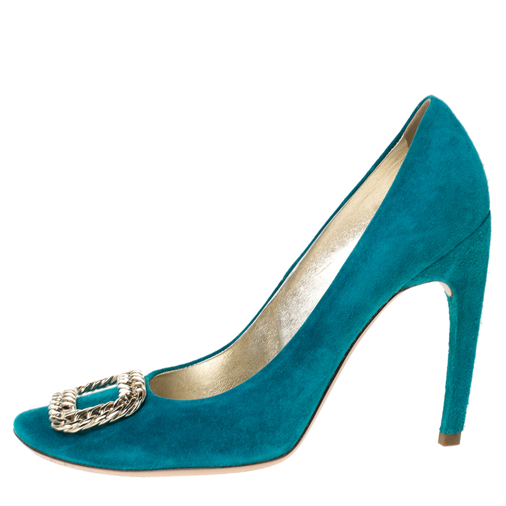 

Roger Vivier Turquoise Suede Chain Detail Round Toe Pumps Size, Green