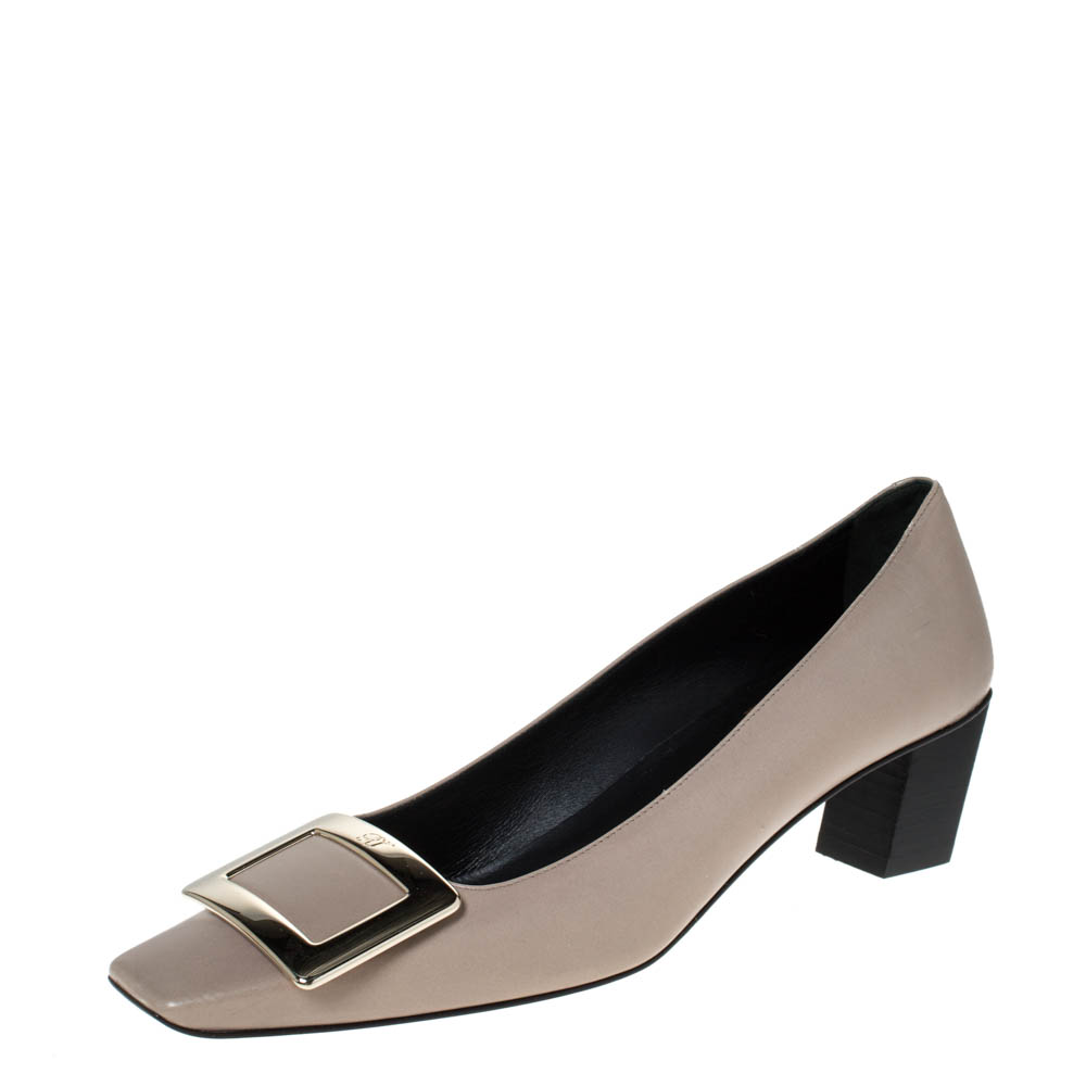 Pre Owned Roger Vivier Beige Leather Buckle Detail Pumps Size 37