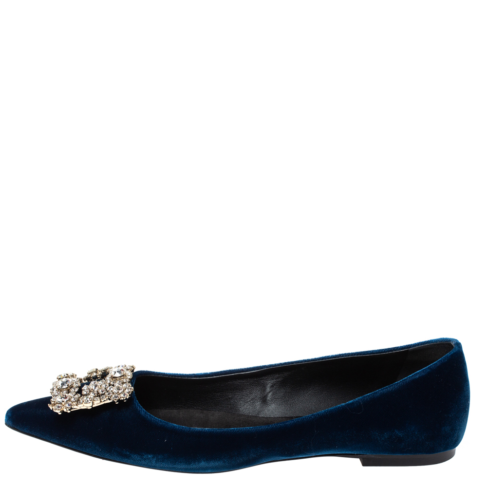 

Roger Vivier Blue Velvet Dec Flower Crystal Embellished Pointed Toe Ballet Flats Size