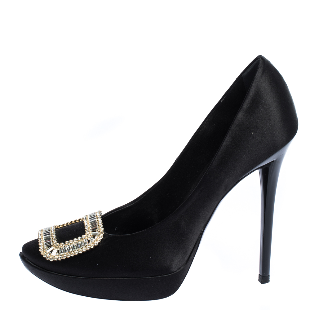 

Roger Vivier Black Satin Limelight Buckle Embellished Platform Pumps Size