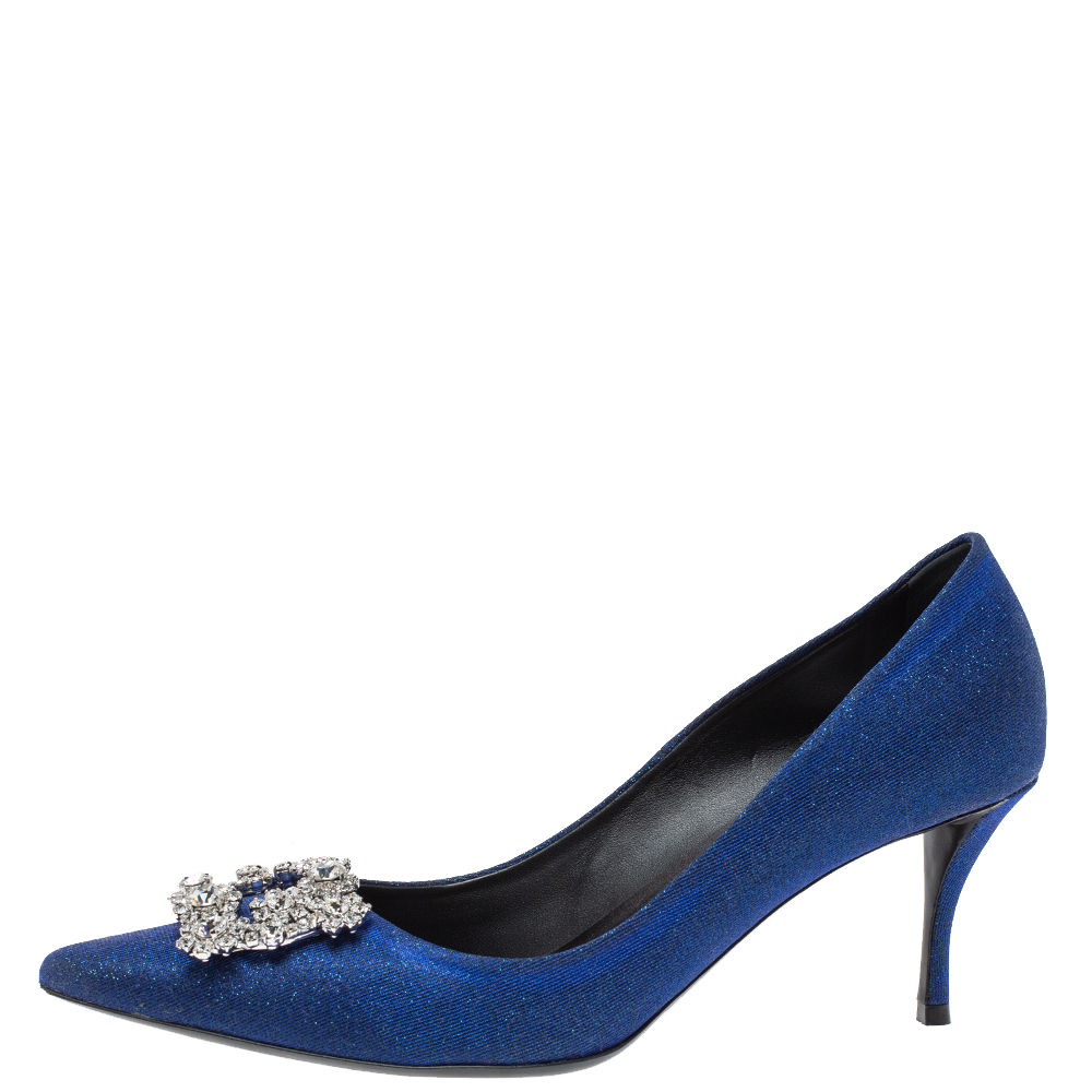 

Roger Vivier Blue Glitter Fabric Flower Strass Crystal Embellished Pointed Toe Pumps Size