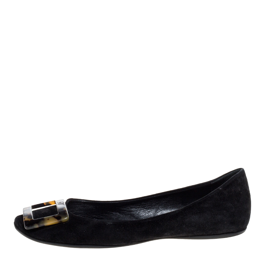 

Roger Vivier Black Suede Tortoise Shell Buckle Ballet Flats Size