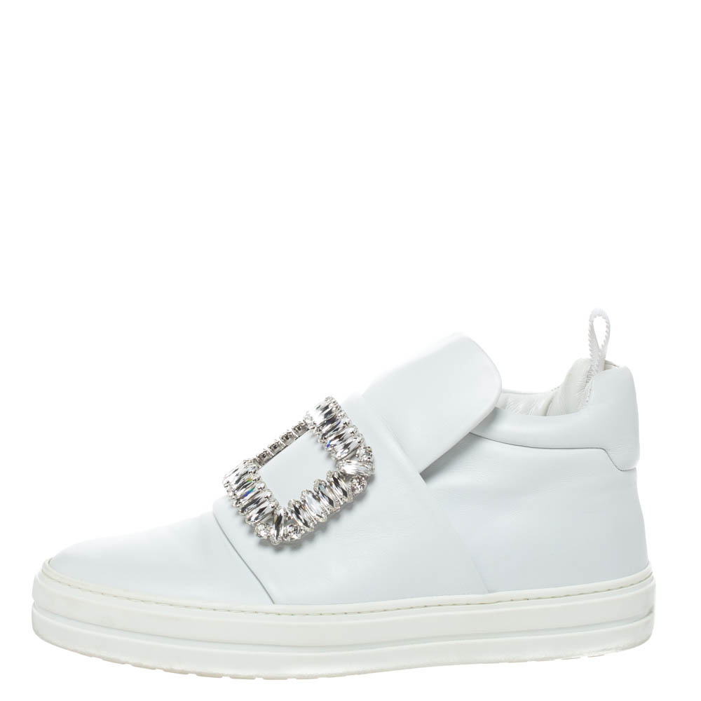 

Roger Vivier White Leather Sneaky Viv Embellished Slip On Sneakers Size