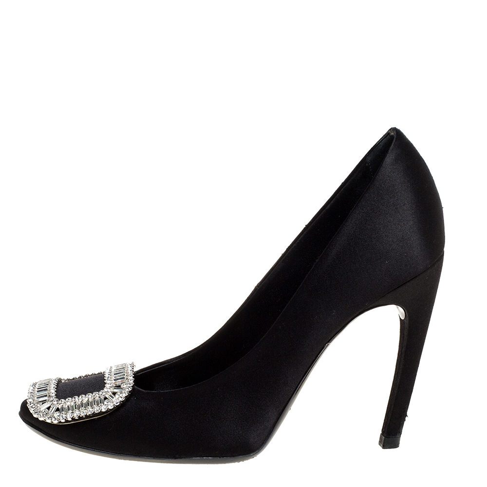 

Roger Vivier Black Embellished Satin Limelight Buckle Pumps Size