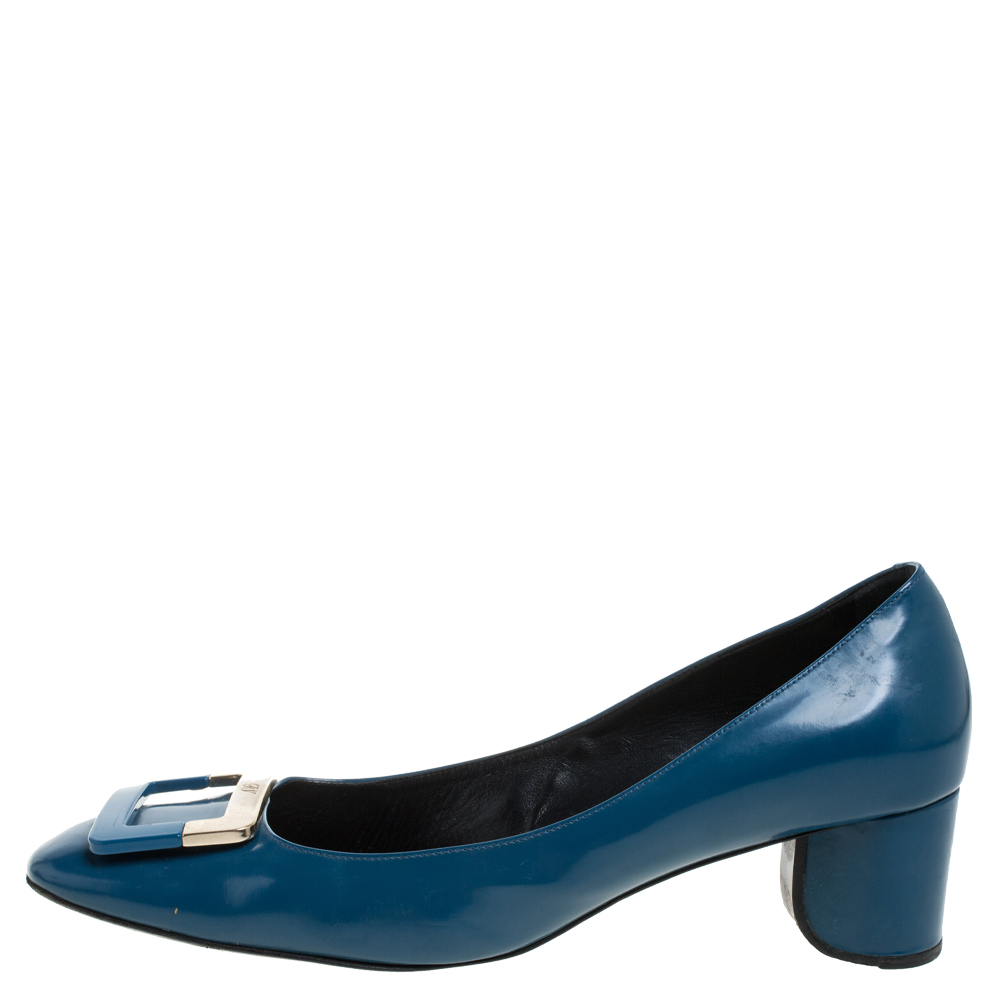 

Roger Vivier Blue Leather Buckle Square Toe Pump Size