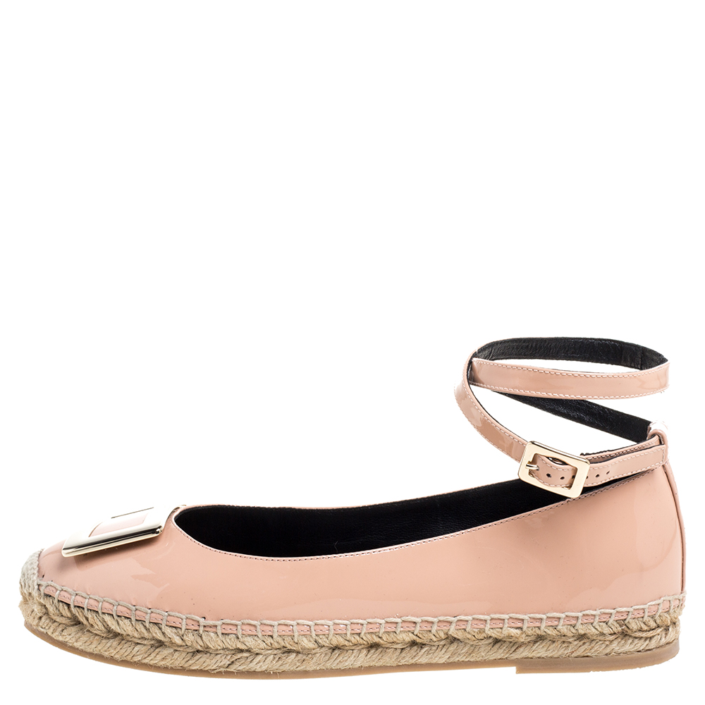 

Roger Vivier Light Pink Patent Leather Buckle Ankle Wrap Espadrille Flats Size