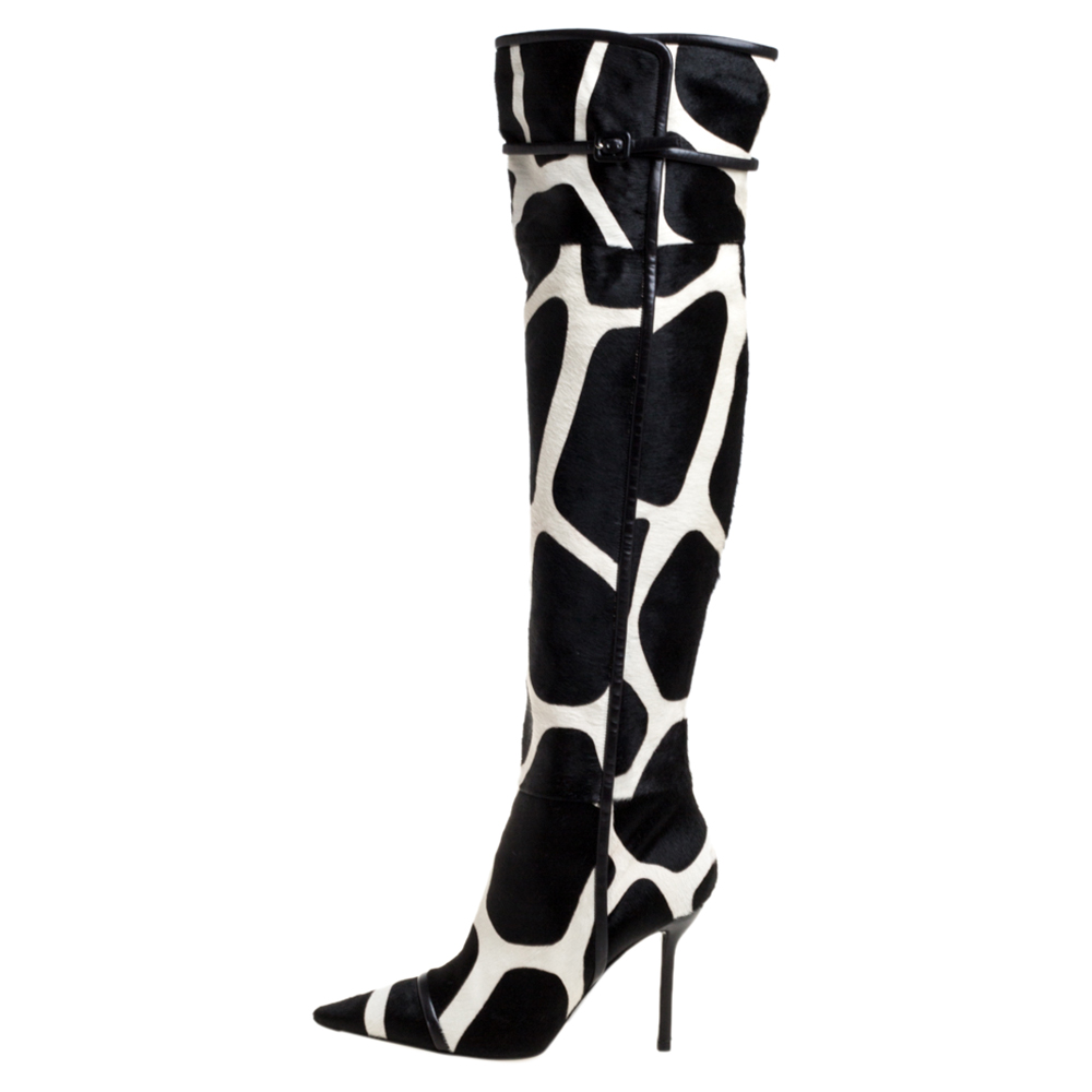 

Roger Vivier Black/White Giraffe Print Calf Hair And Leather Thigh Length Boots Size