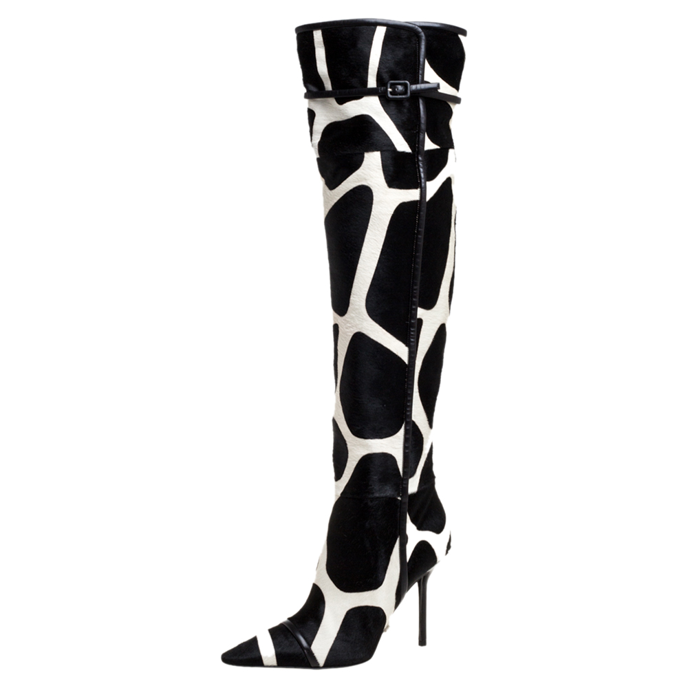 Pre Owned Roger Vivier Black/White Giraffe Print Calf Hair And Leather Thigh Length Boots Size 40