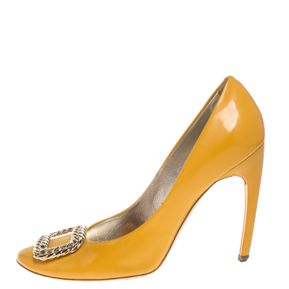 

Roger Vivier Yellow Leather Buckle Embellished Pumps Size