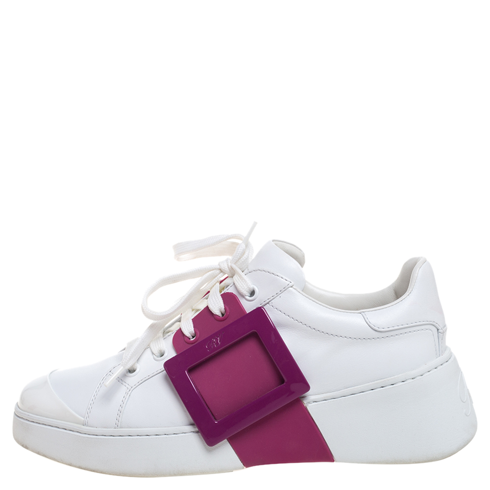 

Roger Vivier White/Pink Leather And Rubber Viv Skate Sneakers Size