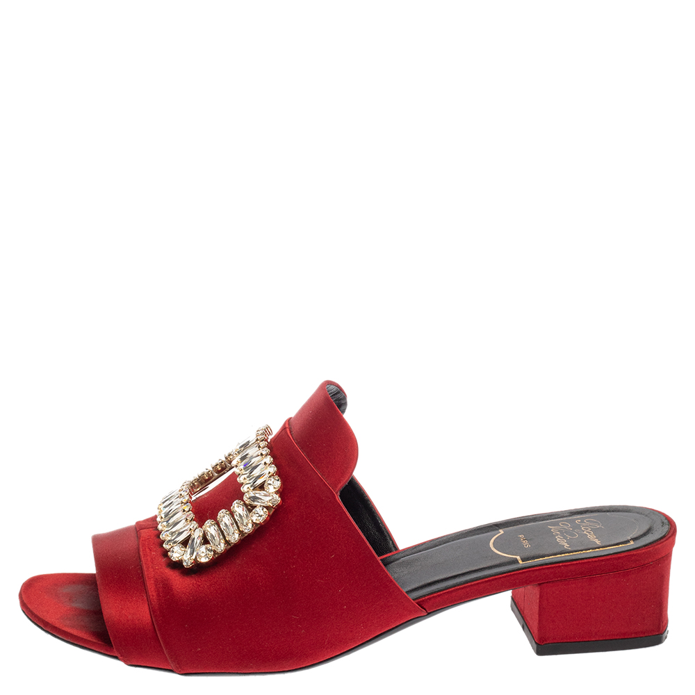 

Roger Vivier Red Satin Crystal Embellished Slide Sandals Size