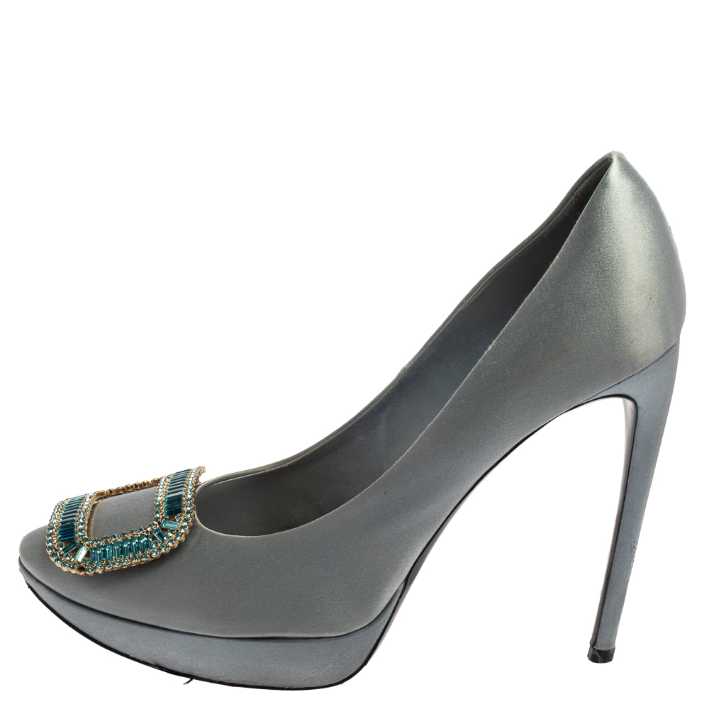 

Roger Vivier Grey Satin Limelight Embellished Pumps Size