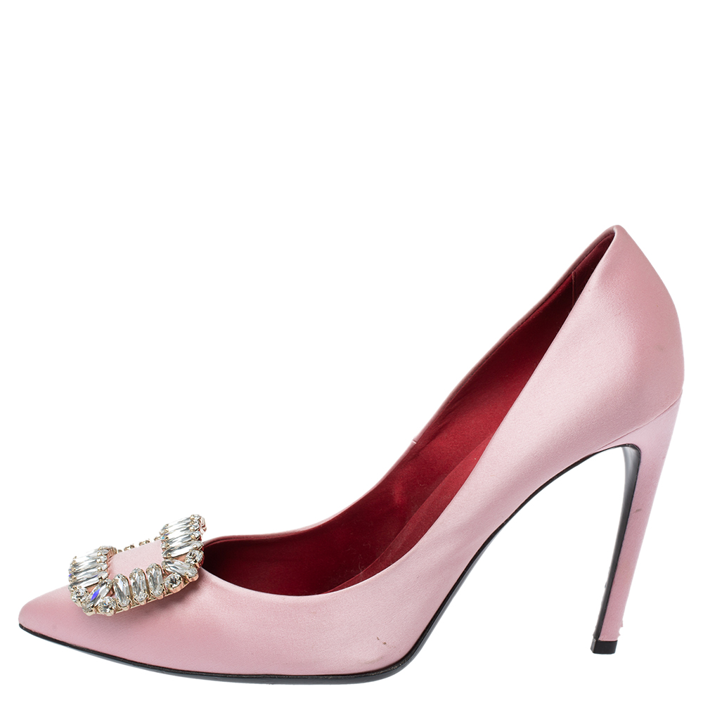 

Roger Vivier Pink Embellished Satin Limelight Buckle Pumps Size