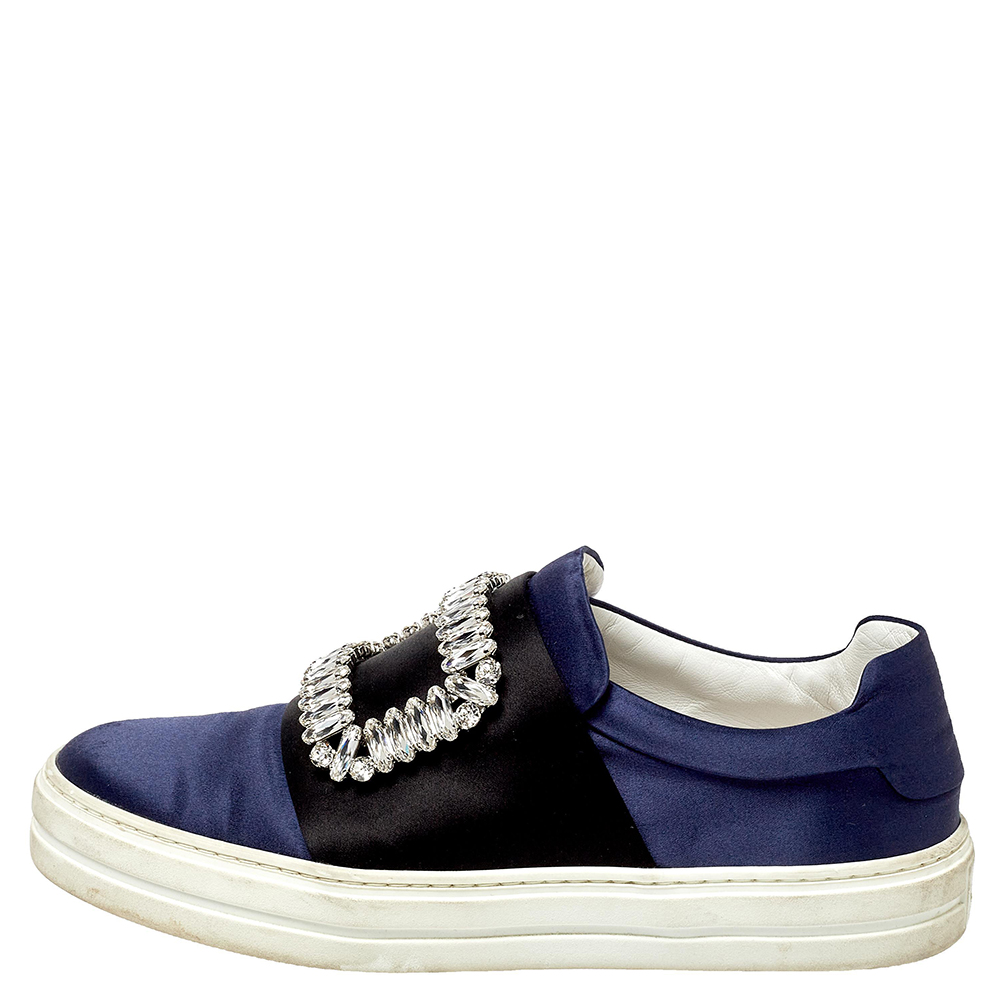 

Roger Vivier Navy Blue/Black Satin Sneaky Viv Embellished Slip On Sneakers Size