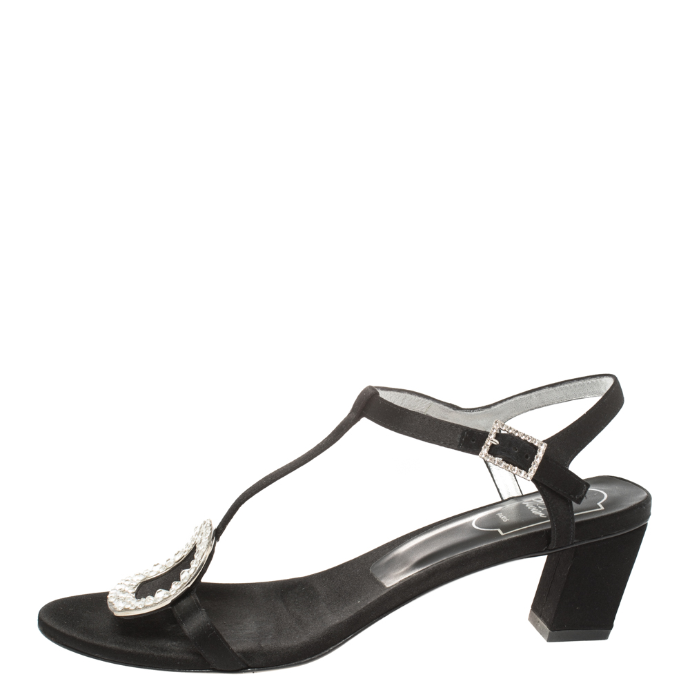 

Roger Vivier Black Satin Chips Crystal Embellished Ankle Strap Sandals Size