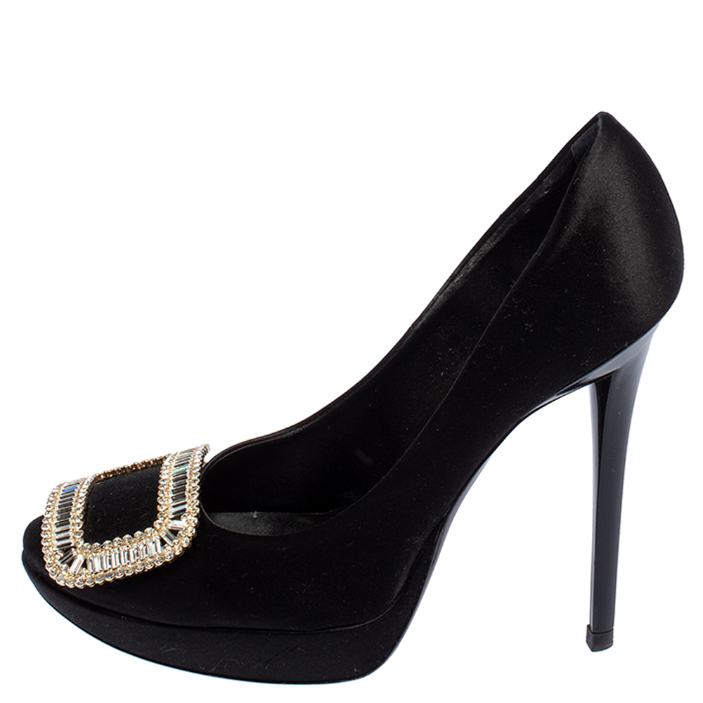 

Roger Vivier Black Satin Limelight Buckle Embellished Platform Pumps Size