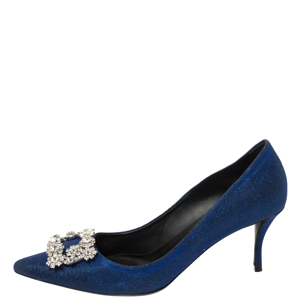 

Roger Vivier Blue Glitter Fabric Flower Strass Crystal Embellished Pointed Toe Pumps Size