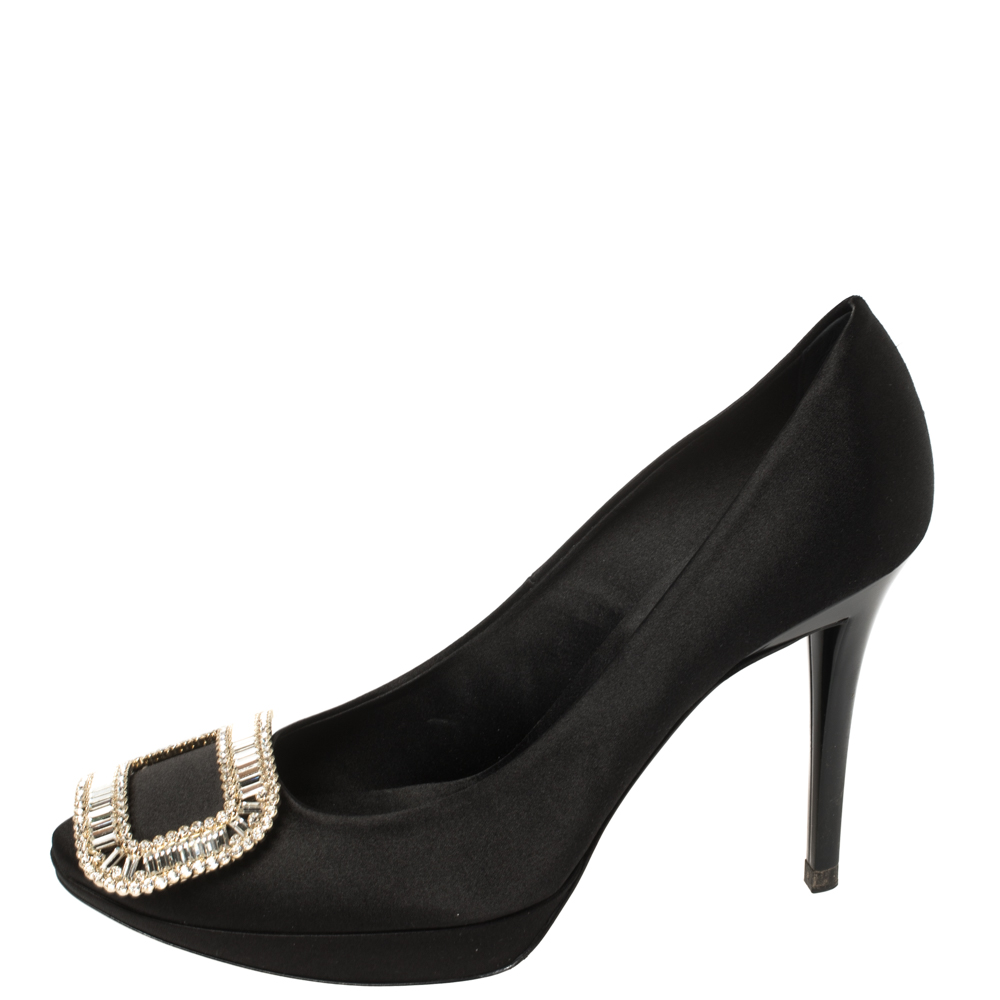 

Roger Vivier Black Satin Limelight Buckle Pumps Size