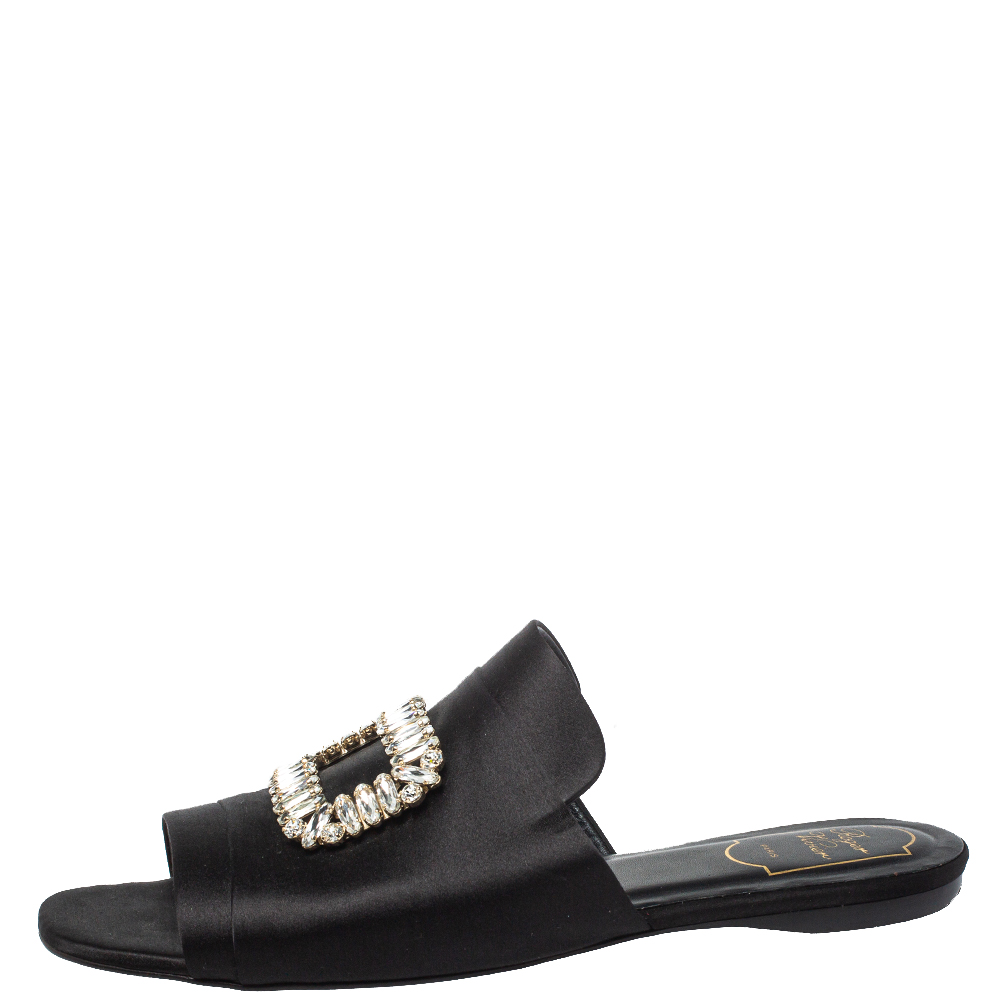 

Roger Vivier Black Satin Tiffany Buckle Flat Slides Size