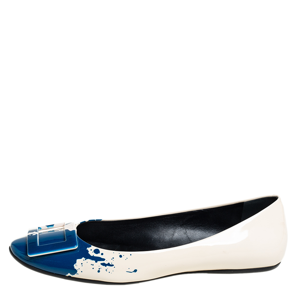 

Roger Vivier White/Blue Splash Patent Leather Ballet Flats Size