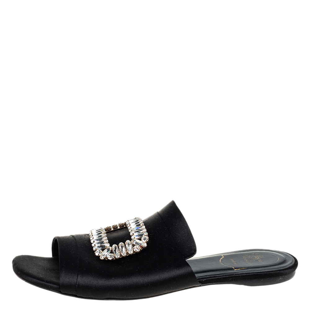 

Roger Vivier Black Satin Slip On Embellished Flat Sandals Size