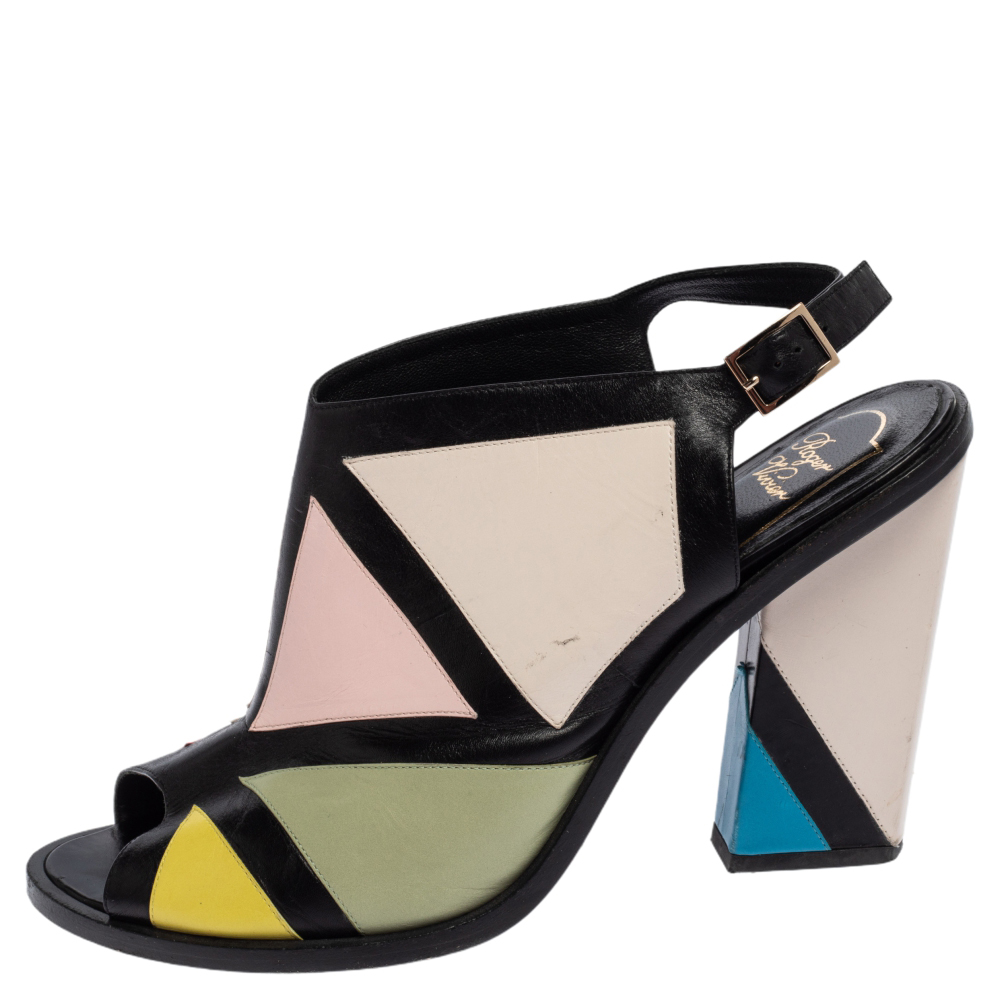 

Roger Vivier Multicolor Leather Peep Toe Block Heel Skyscraper Peep Toe Sandals Size