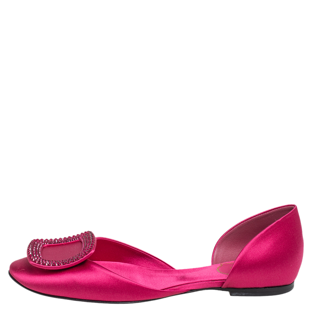 

Roger Vivier Pink Satin Crystal Embellished Buckle Flats Size