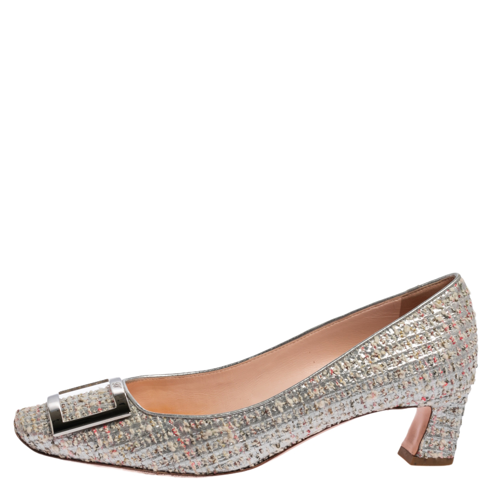 

Roger Vivier Silver Tweed Belle Embellished Block Heel Pumps Size