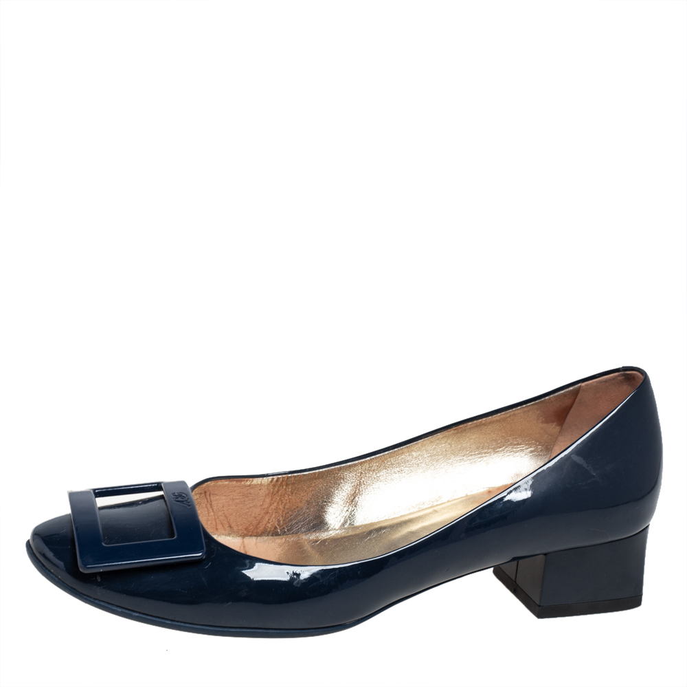 

Roger Vivier Blue Patent Leather Buckle Block Heel Pumps Size