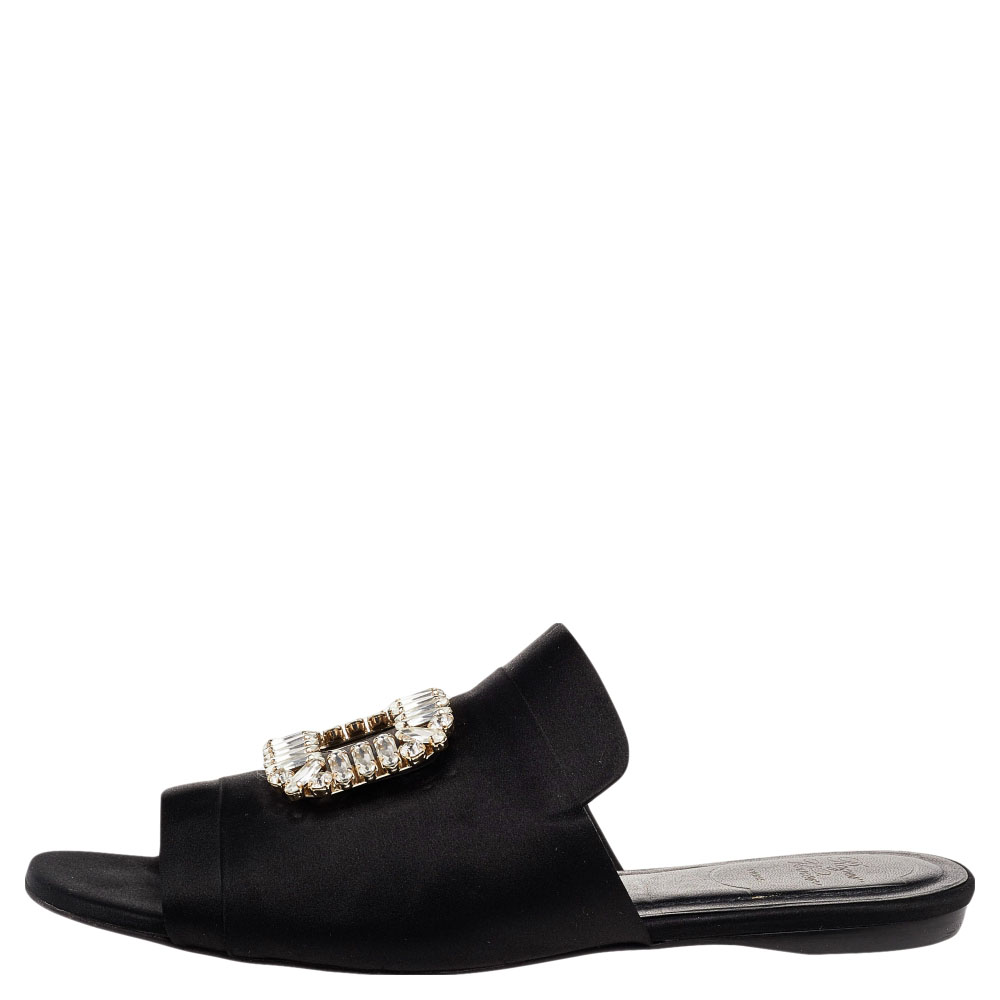 

Roger Vivier Black Satin Tiffany Buckle Flat Slides Size